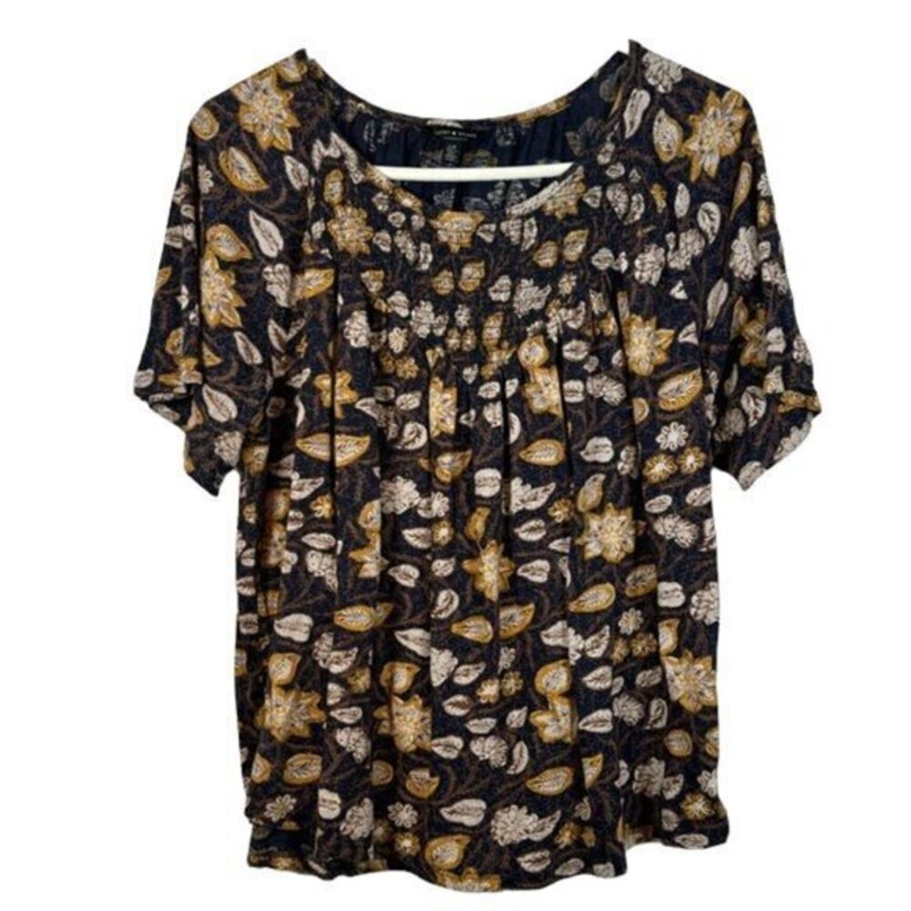 Lucky Brand Black Orange Brown Short Sleeve Pleated Blouse Size Large GUC #6561